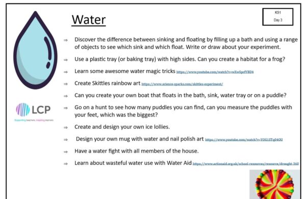 KS1 Day 3 Home Learning Planner: Water