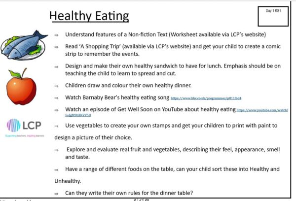 KS1 Day 1 Home Learning Planner: Healthy Eating