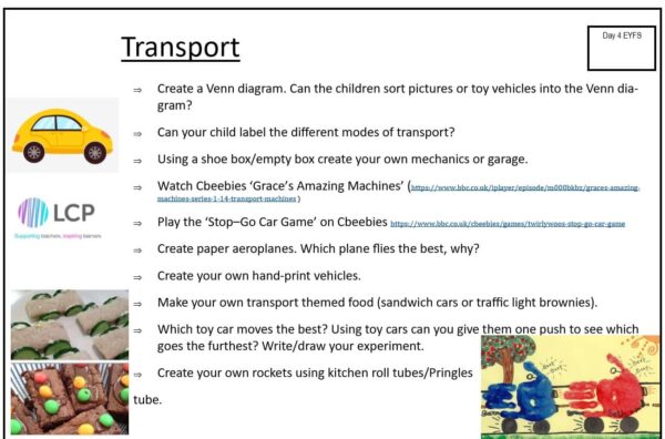 EYFS Day 4 Home Learning Planner: Transport