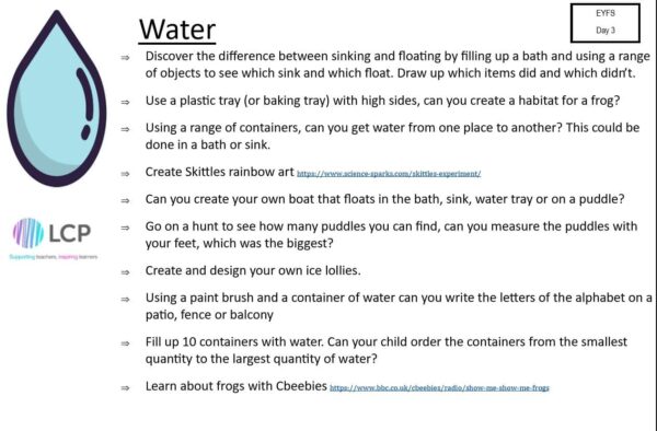 EYFS Day 3 Home Learning Planner: Water