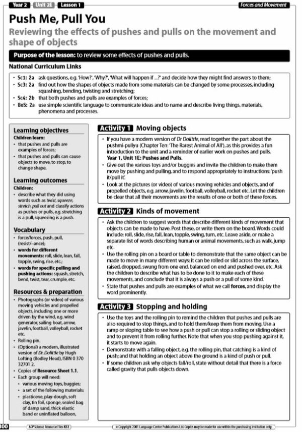 Year 1/2 Science- Forces- Push Me, Pull Me- Lesson Plan and Resources