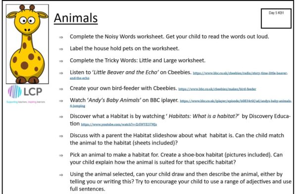 KS1 Day 5 Home Learning Planner: Animals