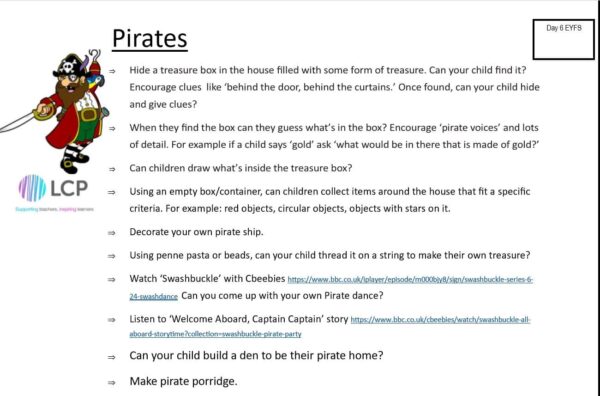 EYFS Day 6 Home Learning Planner: Pirates