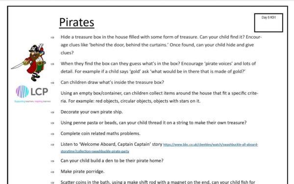 KS1 Day 6 Home Learning Planner: Pirates