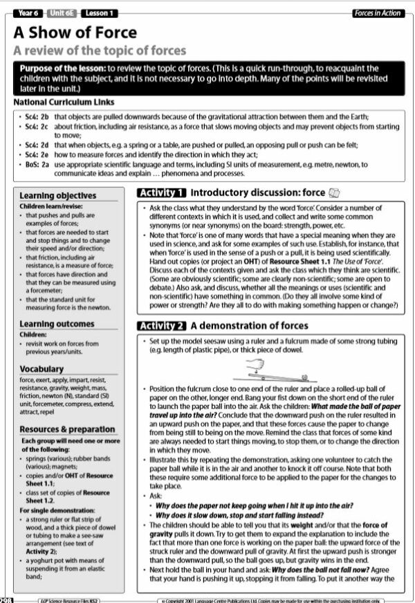 Year 5/6 Science- Forces- Lesson and Resources- A Review of the Topic of Forces
