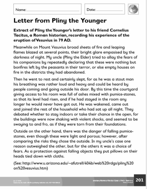 KS2 Geography Comprehension: Pliny's Letter of the Eruption of Vesuvius