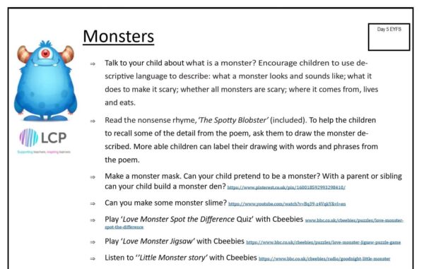 EYFS Day 5 Home Learning Planner: Monsters