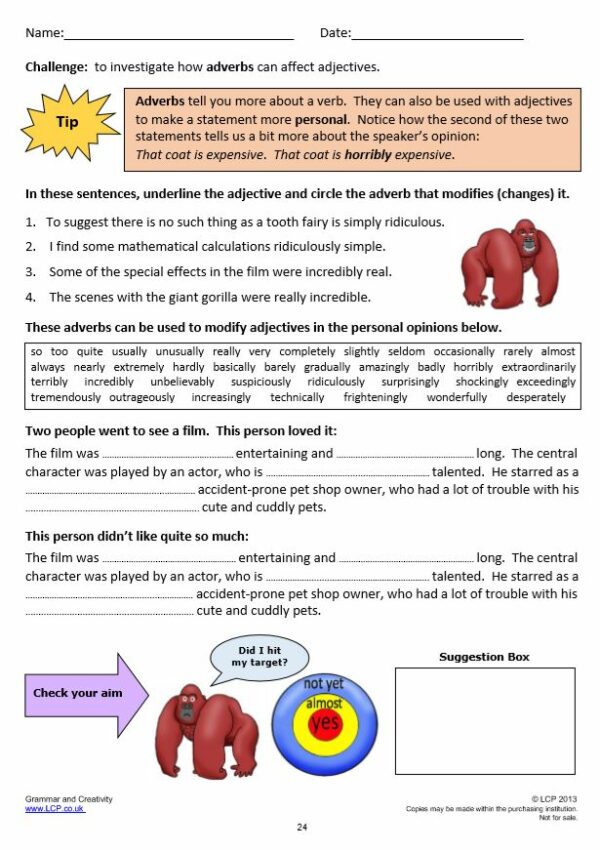 Year 5/6 Grammar, Literacy/English, Adverbs worksheets