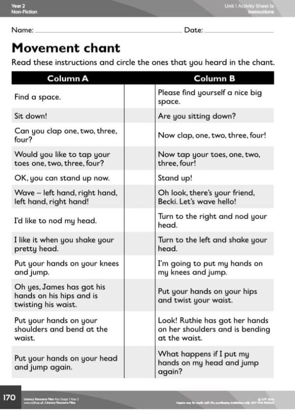 Year 2 English/ Literacy, Instructions lesson